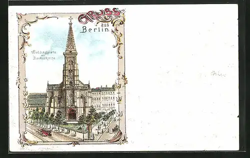 Lithographie Berlin-Wedding, Blick auf die Dankeskirche am Weddingplatz