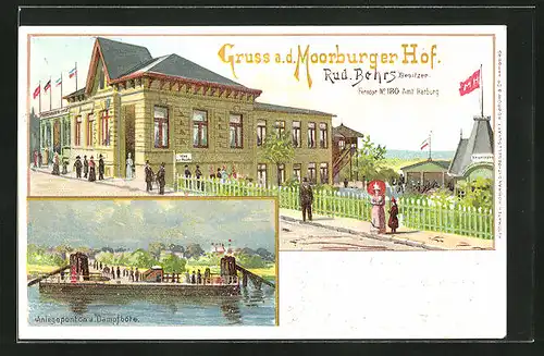 Lithographie Hamburg-Moorburg, Gasthaus Moorburger Hof mit Anlegeponton