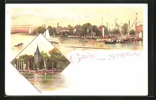 Lithographie Berlin-Stralau, Segelboote am Ufer mit Kirchturm