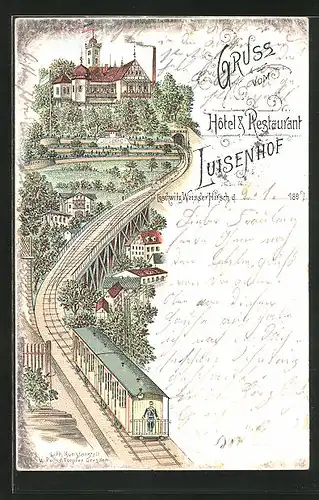 Lithographie Dresden-Weisser Hirsch, Bergbahn am Hotel Luisenhof
