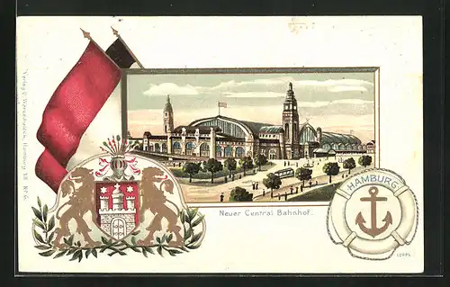 Passepartout-Lithographie Hamburg-St.Georg, Neuer Central Bahnhof, Wappen