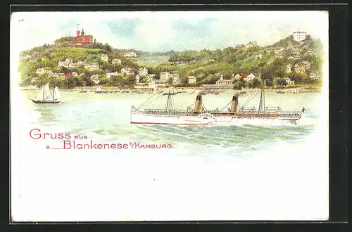 Lithographie Hamburg-Blankenese, Alsterdampfer vor dem Süllberg