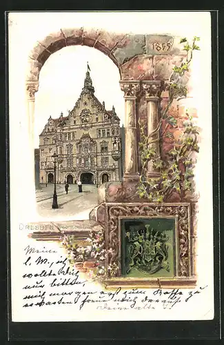 Passepartout-Lithographie Dresden, Blick auf das Georgenthor, Wappen