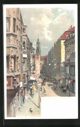 Lithographie Dresden, Blick in die Schlossstrasse mit buntem Treiben
