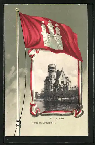 AK Hamburg-Uhlenhorst, Schloss an der Alster, Flagge mit Hamburg Wappen