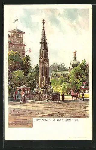 Lithographie Dresden, Gutschmidbrunnen am Postplatz