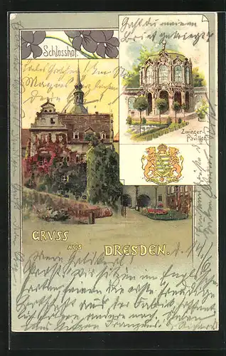 Lithographie Dresden, Schlosshof, Zwinger Pavillon, Wappen