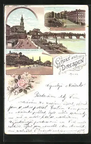 Lithographie Dresden, Brühlsche Terrasse, Elb-Quai, Köngl. Belvedere