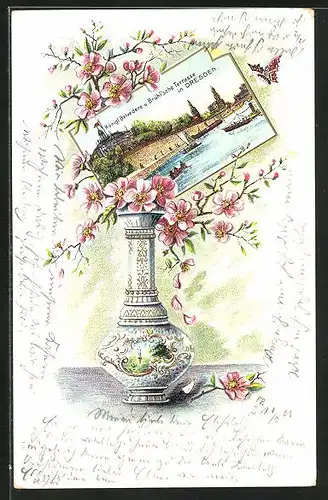 Lithographie Dresden, Königl. Belvedere u. Brühlsche Terrasse, Vase mit Blumen