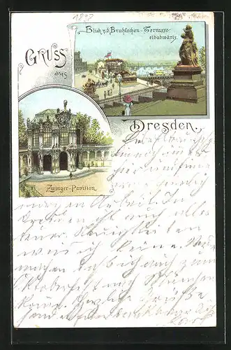 Lithographie Dresden, Blick von den Brühlschen Terrassen, Zwinger Pavillon