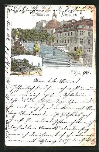 Lithographie Dresden, Treppe an den Brühlschen Terrassen, Königl. Belvedere