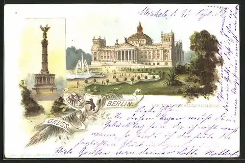 Lithographie Berlin-Tiergarten, Reichstagsgebäude und Siegessäule