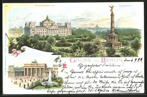 Lithographie Berlin-Tiergarten, Reichstagsgebäude und Siegessäule, Brandenburger Thor