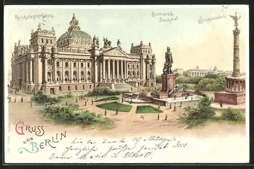 Lithographie Berlin-Tiergarten, Reichstagsgebäude, Bismarck-Denkmal und Siegessäule
