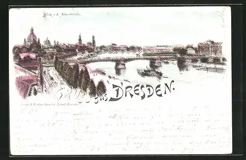 Lithographie Dresden, Blick von der Albertbrücke