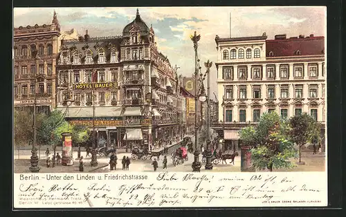 Lithographie Berlin, Cafe und Hotel Bauer, Unter den Linden und Friedrichstrasse