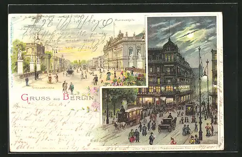 Lithographie Berlin, Unter den Linden und Friedrichstrasse-Ecke mit Cafe Bauer bei Nacht, Ruhmeshalle