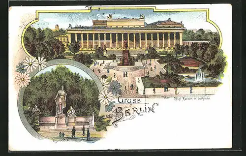 Lithographie Berlin, Königl. Museum im Lustgarten, Denkmal Albrecht II.