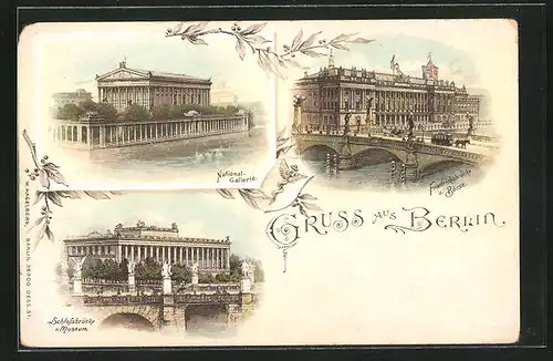 Lithographie Berlin, Nationalgalerie, Börse und Friedrichsbrücke, Schlossbrücke und Museum