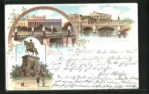 Lithographie Berlin, Nationalgalerie und Friedrichsbrücke, Museum und Schlossbrücke