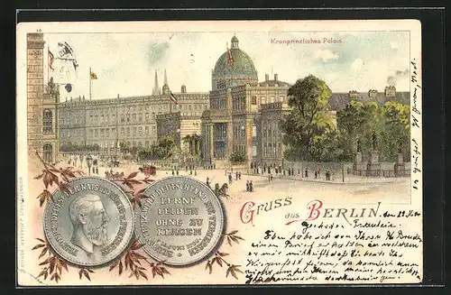 Lithographie Berlin, Kronprinzliches Palais, Zitat von Kaiser Friedrich Lerne leiden ohne zu klagen