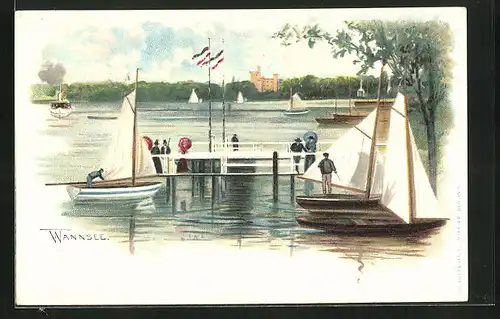 Lithographie Berlin-Wannsee, Segelboote auf dem See