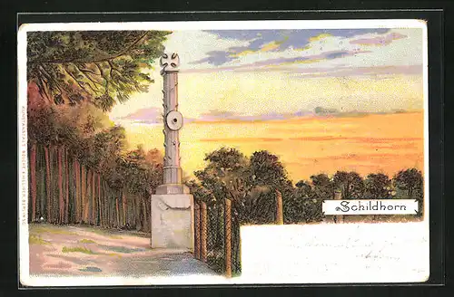 Lithographie Berlin-Grunewald, Gedenksäule in Schildhorn