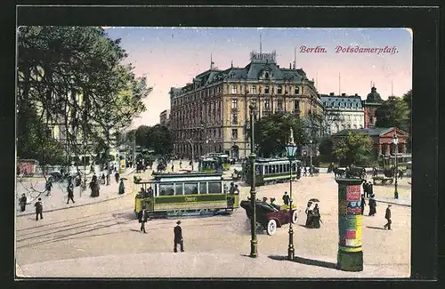 AK Berlin-Tiergarten, Strassenbahn und Litfasssäule am Potsdamerplatz