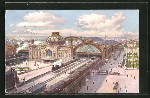 AK Dresden, Hauptbahnhof mit Strassenbahn und Güterwagons