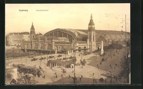 AK Hamburg-St.Georg, Strassenbahn und Obelisk am Hauptbahnhof