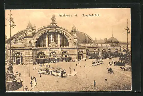 AK Frankfurt, Abfahrende Strassenbahnen am Hauptbahnhof