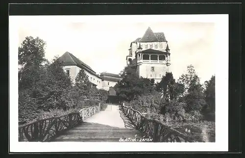 AK Blatná, Zámek, Schloss von der Brücke betrachtet