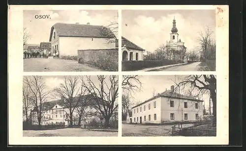 AK Osov, Kirche, Schloss, Strassenpartie