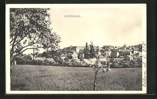 AK Bustehrad, Blick über Wiesen auf den Ort