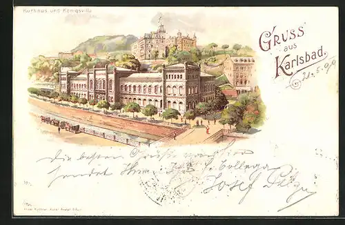 Lithographie Karlsbad, Kurhaus und Königsvilla