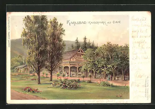 Lithographie Karlsbad, Kaiserpark mit Café