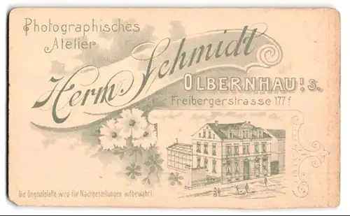 Fotografie Herm. Schmidt, Olbernhau i. S., Freibergerstr. 177, Ansicht Olbernhau, Fotografisches Ateliers Gebäude