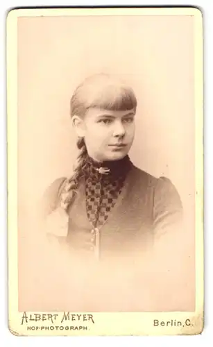 Fotografie Albert Meyer, Berlin, Alexanderstrasse 45, Portrait junge Dame mit Flechtzopf und Kragenbrosche