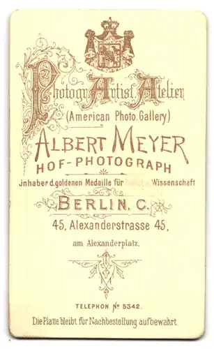 Fotografie Albert Meyer, Berlin, Alexanderstrasse 45, Portrait junge Dame mit Flechtzopf und Kragenbrosche