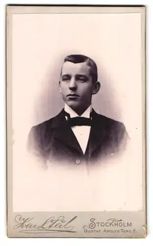 Fotografie Sven Steil, Stockholm, Gustaf Adolfs Torg 8, Portrait junger Herr im Anzug mit Fliege