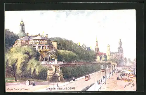 Künstler-AK Charles F. Flower: Dresden, Partie am Belvedere, Strassenbahn