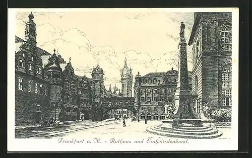 Künstler-AK Alt-Frankfurt, Rathaus und Einheitsdenkmal