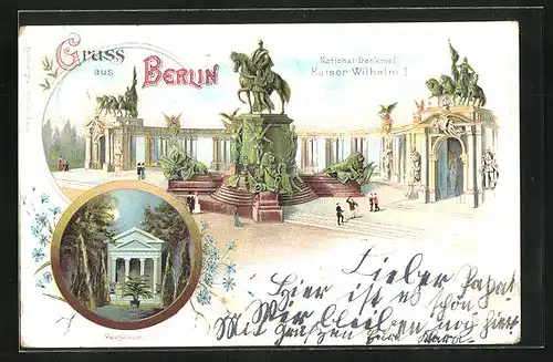 Lithographie Berlin, National-Denkmal Kaiser Wilhelm I., Mausoleum bei Mondschein