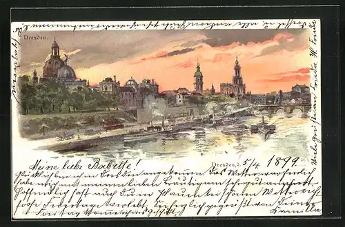Lithographie Dresden, Teilansicht mit Brücke und Dampfern