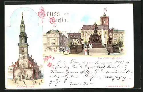 Vorläufer-Lithographie Berlin, 1895, Neuer Markt mit Luther-Denkmal & Marienkirche