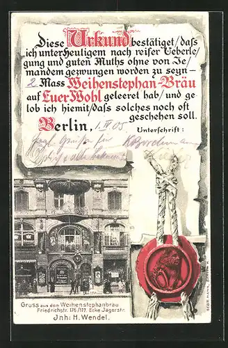 AK Berlin, Weihenstephanbräu in der Friedrichstr. 167 /177, Ecke Jägerstr., Urkunde für 2. Mass