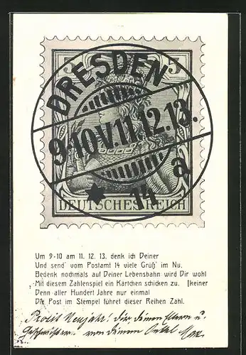AK Dresden, Briefmarke von 1913