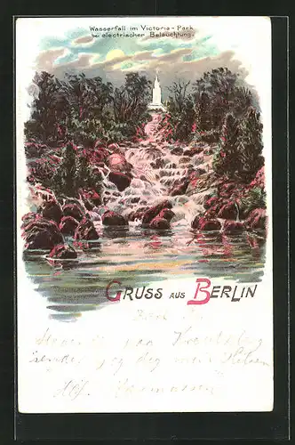 Lithographie Berlin-Kreuzberg, Wasserfall im Vicotriapark bei electrischer Beleuchtung