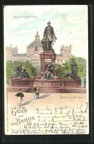 Lithographie Berlin-Tiergarten, Bismarck-Denkmal mit Reichstagsgebäude