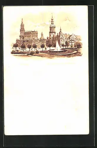 Lithographie Dresden, Kgl. Schloss mit Hofkirche